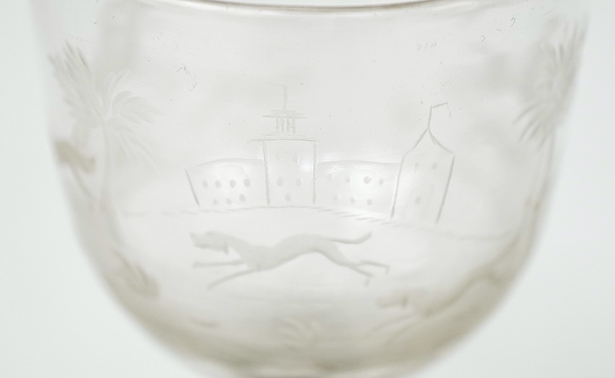Two faceted wine glasses, engraved with hunting scenes, c.1780